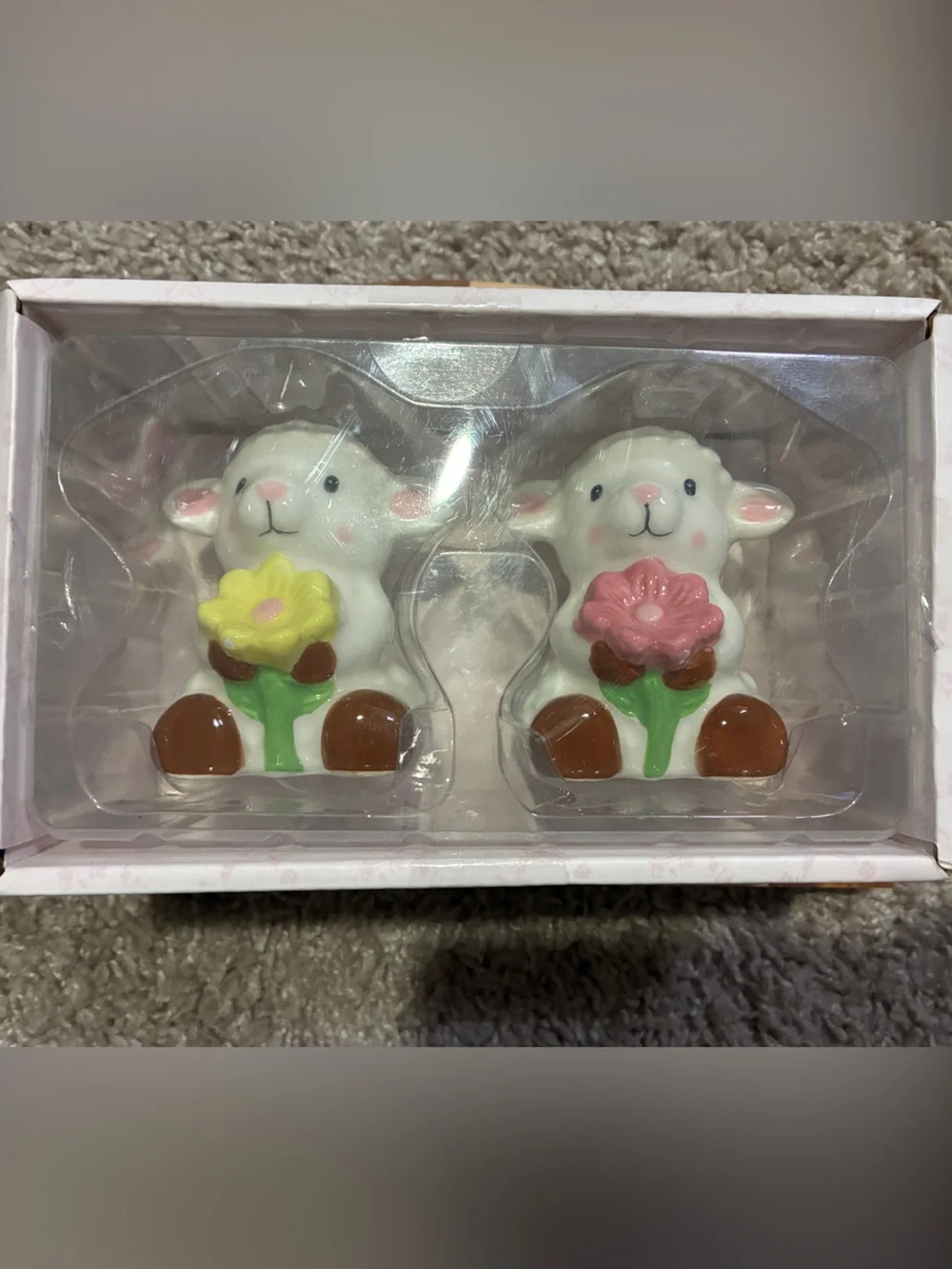 Cute White Lamb Figurine Set with Pink and Yellow Flowers